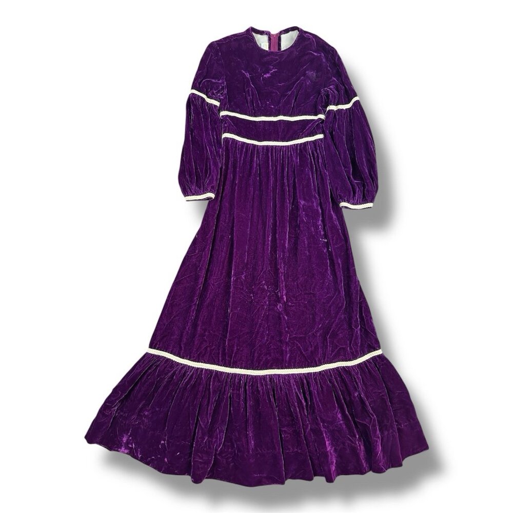 Vintage Lorrie Deb Purple Velvet Maxi Dress w White Trim Renaissance Size 11/12